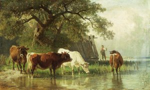 Karjan juottamista jokimaisemassa, 1800-luku